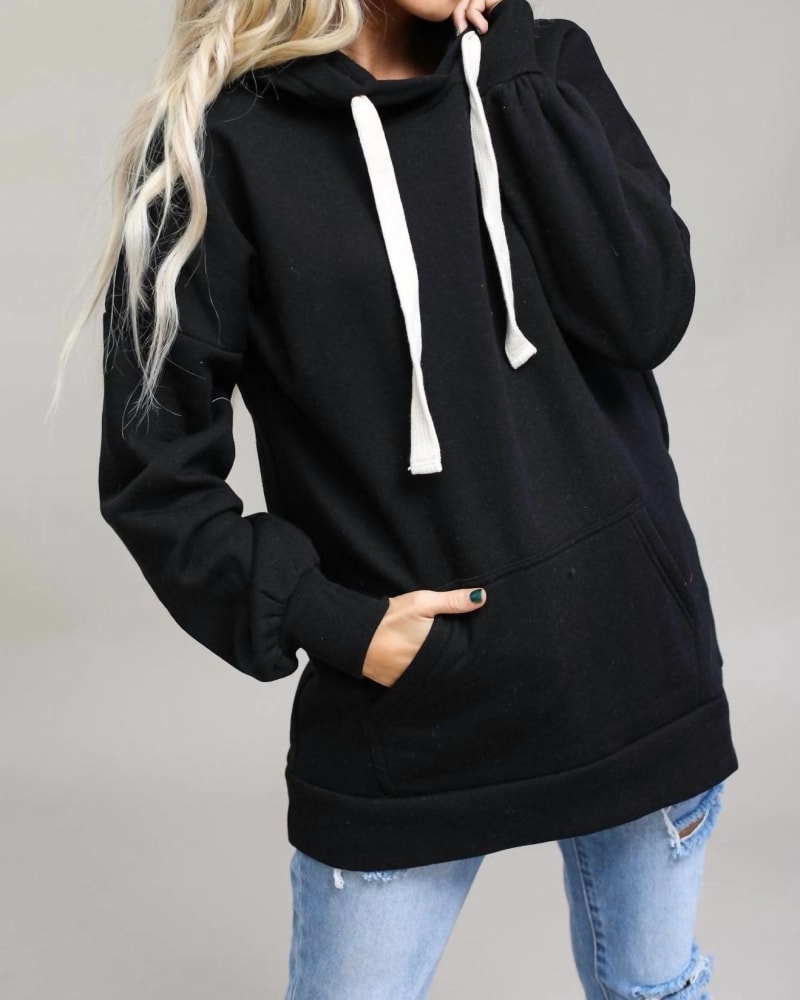 Front of a model wearing a size L Luxe Hoodie Sweatshirt in Black in Black by Zenana. | dia_product_style_image_id:327099